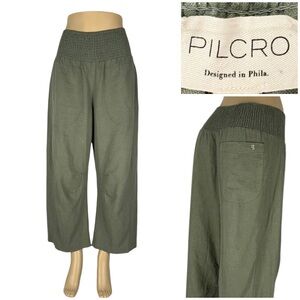 Pilcro The Reese Smocked Pull On Barrel Small Pants Green Linen Blend Wide Leg